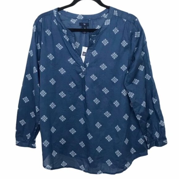 Gap Factory Blue Long Sleeve Snowflake Print Popover Blouse - Picture 1 of 8